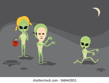 Alien Trick or Treat funny vector illustration. Alien with human mask cartoon vector. Human spooky mask for Halloween. Halloween on other planets vector illustration