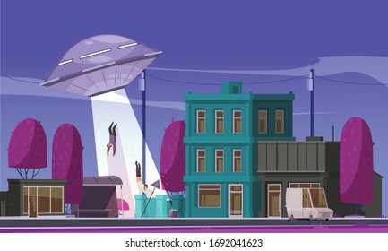 Alien ufo abduction composition with view of town street with houses and people flying into ufo vector illustration