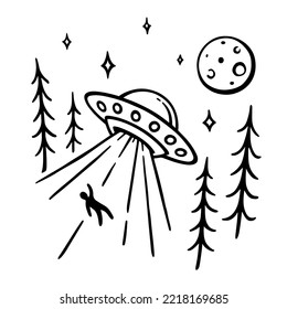 Alien UFO abduction doodle drawing. Hand drawn flying saucer. Martian spaceship abducting man from forest. Vector illustration.