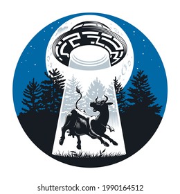 Alien UFO abducts cow. Flying saucer and ray of light. Sky, moon and forest on background. Comic style vector illustration.