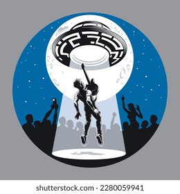 Alien UFO abducts rock musician from concert. Flying saucer and ray of light. Sky, moon and crowd silhouette on background. Comic style vector illustration.