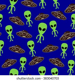 Alien And UFO Back Pattern Seamless Blue