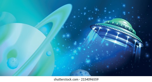 Alien ufo background with galaxy exploration symbols realistic vector illustration