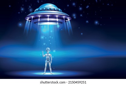 Alien ufo background with galaxy research symbols realistic vector illustration