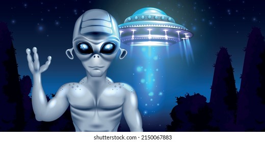 Alien ufo background with galaxy travel symbols realistic vector illustration