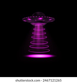 An alien UFO with a bright neon pink beam. Vector illustration shows a flying saucer emitting a neon glow with particles on a black isolated background. background.