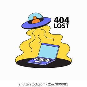 Alien ufo capturing laptop device with 404 error lost perfect for presentation online errors cartoon hand drawn illustration