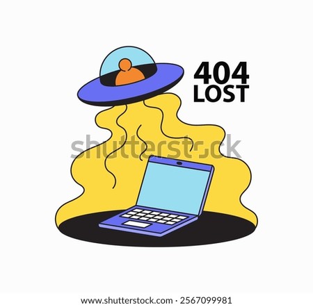 Alien ufo capturing laptop device with 404 error lost perfect for presentation online errors cartoon hand drawn illustration