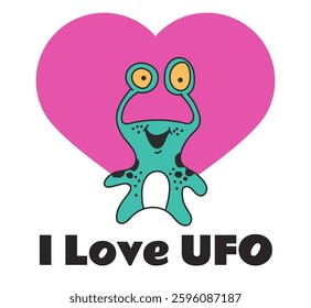 Alien UFO character on heart on background. I love UFO concept. Vector graphic simple doodle line art outline design illustration