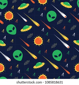 Alien, ufo, comet invasion star wars. A playful, modern, and flexible pattern for brand who has cute and fun style. Repeated pattern. Happy, bright, and magical mood.