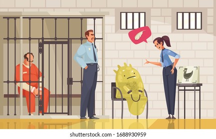 Alien ufo composition with cartoon character of alien in police department with officers prisoner in cage vector illustration