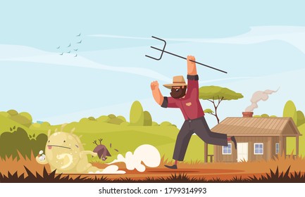 Alien Ufo Composition With Outdoor Farm Scenery And Doodle Characters Of Running Farmer And Alien Creature Vector Illustration