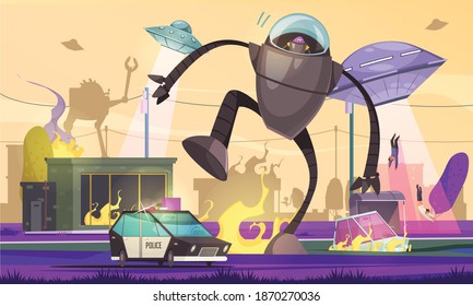 Alien ufo composition with outdoor view of city under extraterrestrial invasion with burning cars walking cyborg vector illustration