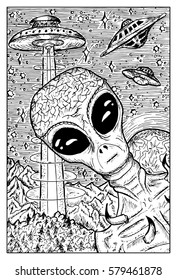 Alien and UFO concept. Fantasy creatures collection. Hand drawn vector illustration. Engraved line art drawing, black and white doodle