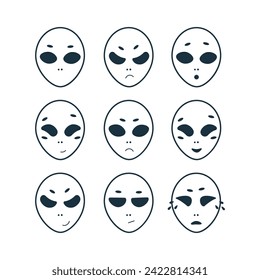 alien ufo cosmic emotions faces sadness joy anger fright crying space unknown elements  line Vector illustration