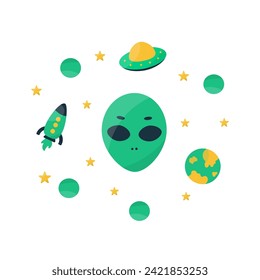 alien ufo cosmic faces space planets spaceship unknown stars elements Vector illustration