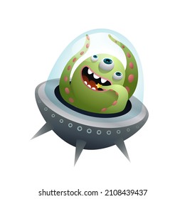 Alien UFO Cosmonaut in outer space funny cartoon kids character. Little creature in outer space driving spacecraft. Kids clipart isolated on white background. Vector in watercolor style.