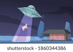 Alien ufo cow composition with outdoor night view of field and ufo light ray abducting cow vector illustration