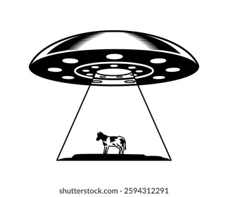 Alien UFO Doodle Icon. Simple outline sticker with flying alien saucer kidnapping cow. Design element for print. Hand drawn black and white vector illustration isolated on background