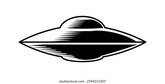 Alien UFO Doodle Icon. Simple outline sticker with flying saucer or spaceship of extraterrestrial beings. Design for print. Hand drawn black and white vector illustration isolated on background