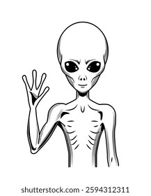 Alien UFO Doodle Icon. Simple outline sticker with portrait of alien creature waving its hand. Design element for print. Hand drawn black and white vector illustration isolated on background