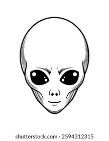 Alien UFO Doodle Icon. Simple outline sticker with portrait of alien creature or representative of extraterrestrial civilization. Hand drawn black and white vector illustration isolated on background