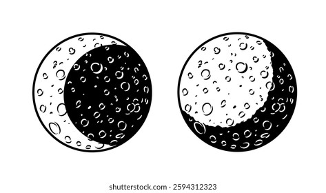 Alien UFO Doodle Icon. Simple outline stickers with planet or moon. Outer space, galaxy and universe. Design for print. Hand drawn black and white vector illustration isolated on background