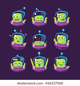 Alien In Ufo Emoji Set Of Simplified Cartoon Character Stickers Isolated On Dark Background