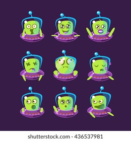 Alien In Ufo Emoticon Set Of Simplified Cartoon Character Stickers Isolated On Dark Background