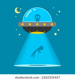 Alien in UFO flying shoot beam kidnap human in space with crescent moon and stars cartoon character icon flat vector design