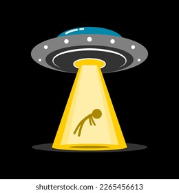 Alien UFO flying shoot beam kidnap human in dark night time cartoon character icon flat vector design