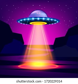 Alien and Ufo flying spaceship with light beam at night Sea and Sky  Vector illustration