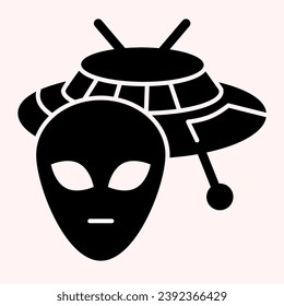 Alien and ufo glyph icon. Spaceship with face, life on other planets sign. Astronomy vector design concept, solid style pictogram on white background, use for web and app. Eps 10