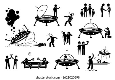 Alien UFO y el primer contacto humano y convertirse en amigo. Ilustración vectorial de OVNI alienígena llega al planeta Tierra y derriba la nave espacial. Un hombre rescata al extranjero y se convierten en amigos. Alien vuele.