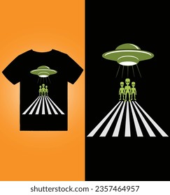 Alien ufo illustration with t shirt design premium vector the Concept of Isolated Technology. Flat Cartoon Style Suitable for Landing Web Pages, T shirt, Flyers, t shirt design