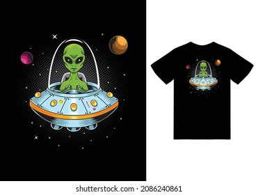 Alien ufo illustration with tshirt design premium vector the Concept of Isolated Technology. Flat Cartoon Style Suitable for Landing Web Pages, Banners, Flyers, Stickers, Cards