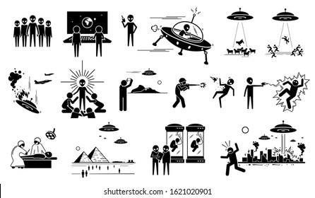 地球上の人間に対する宇宙人ufoの侵入 異星人が実験のために人や動物を誘拐したベクターイラスト 人を殺し都市を破壊する侵入者 兵士はエイリアンに対して報復する のベクター画像素材 ロイヤリティフリー Shutterstock