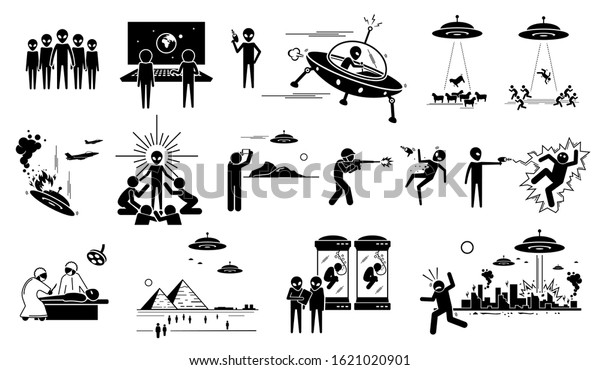 地球上の人間に対する宇宙人ufoの侵入 異星人が実験のために人や動物を誘拐したベクターイラスト 人 を殺し都市を破壊する侵入者 兵士はエイリアンに対して報復する のベクター画像素材 ロイヤリティフリー