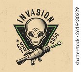 Alien, UFO logo.Retro alien emblem with futuristic weapon. Vintage UFO label with alien face and ray gun in halftone style. Perfect for t-shirt print, apparel, sticker design. Vector illustration