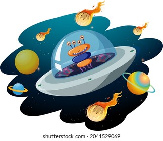 Alien in UFO with many planets and asteroids illustration