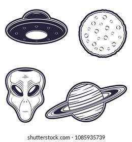 Alien, UFO, moon and planet. Set of badge and stickers print design in monochrome style on cosmos theme. Vector.
