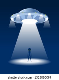 Alien and UFO. Night Background. Flat Style Vectoral Illustration.