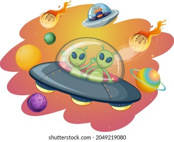 Alien en OVNI en ilustración de escena espacial