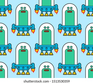 Alien in ufo pattern seamless. Baby cloth background. vector texture