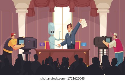 Alien ufo peace composition with indoor press conference scenery and happy people with papers and humanoids vector illustration