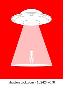 Alien and UFO Poster. Red Background. Flat Style-Line Art Vectoral Illustration.