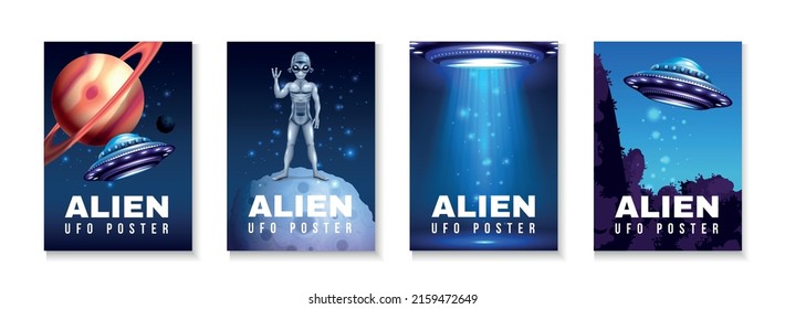 Alien ufo poster set with outer space symbols realistic isolated vector illustration