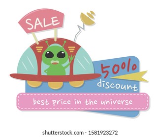 Alien and UFO sale tag vector. Sale tag best price in the universe vector design.  