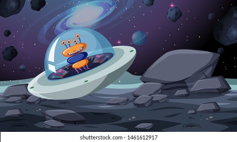 Alien in ufo scene illustration