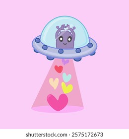 Alien in UFO Sending Hearts, Cute Cartoon Illustration. Perfect for Valentine's Day, friendship cards, and kids' designs.